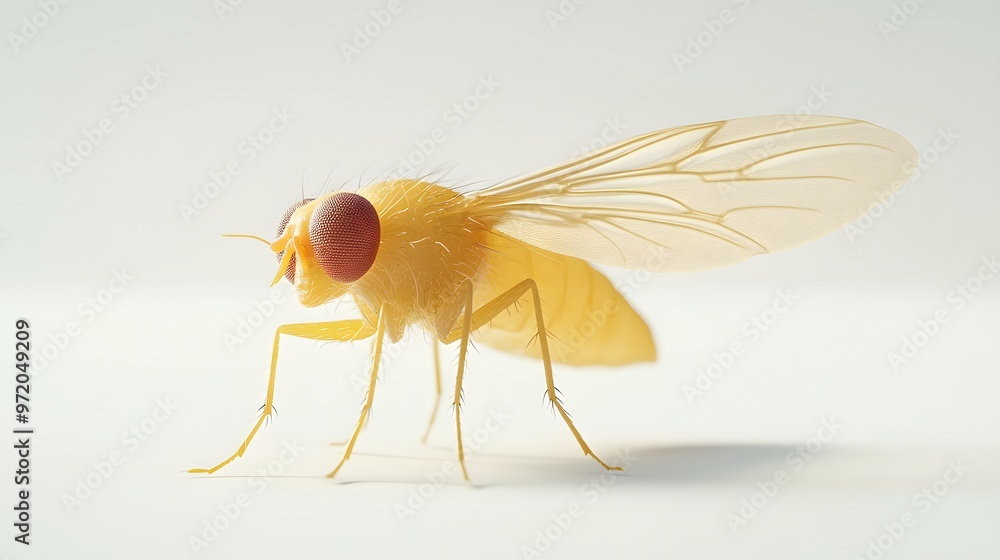 Poster 27. a close-up 3d render of a tiny fruit fly with detailed wing structure, isolated on a pristine wh