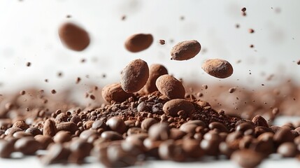 Obraz premium Chocolate beans bouncing as they fall from the sky. Generative AI.