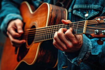 Fototapeta premium Close up photo of a caucasian hand holding an acoustic guitar. The man is wearing a jean jacket.