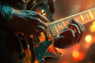Closeup of hands playing an electric guitar   rock and roll concert