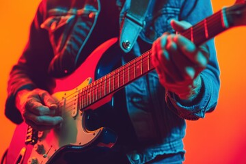 Obraz premium Mature guitarist playing rock ballad in neon lit studio.