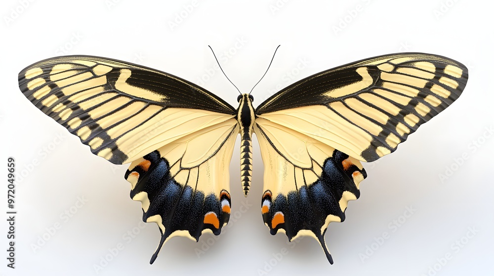 Poster 28. a realistic 3d render of a yellow swallowtail butterfly with intricate wing patterns, isolated o