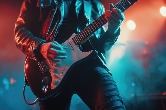 Unrecognizable male musician playing electric guitar on stage