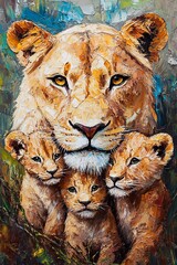 Vibrant Wildlife Portrait Lioness with Cubs Amidst Paint Strokes