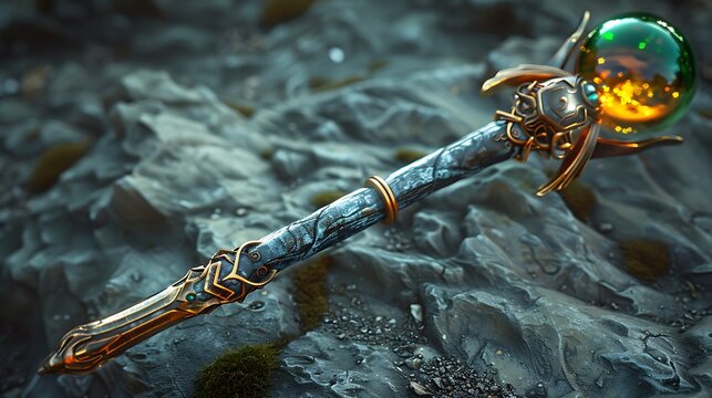 Mystical scepter with orange and a green lens orb