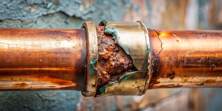 Damaged copper water pipe with visible cracks, rust, and corrosion, requiring application of sealant to prevent leaks and ensure safe potable water supply.