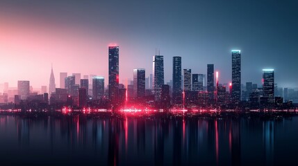 A stunning city skyline at dusk with glowing lights reflecting on the water, showcasing modern architecture and a vibrant atmosphere.