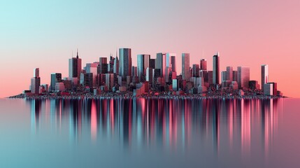 Obraz premium A stunning urban skyline reflecting in calm waters, showcasing vibrant colors and modern architecture at twilight.