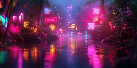 A vibrant, neon-lit river scene surrounded by lush greenery, glowing reflections creating a magical nighttime atmosphere.