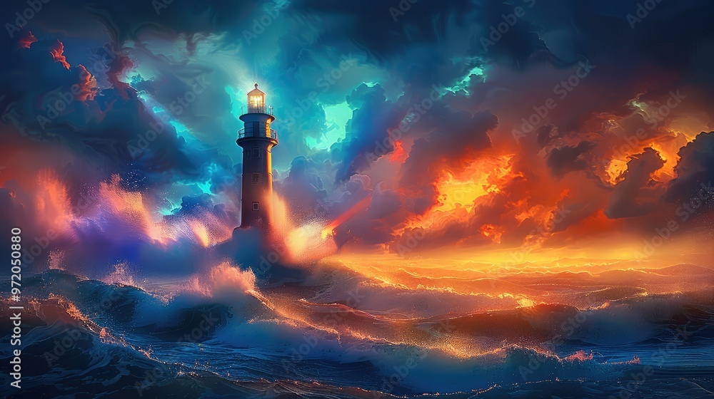 Poster a lighthouse shining in the night, with colorful waves crashing around it. generative ai.