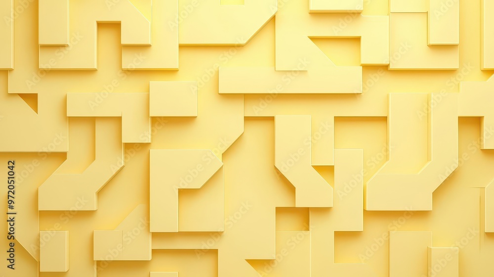 Poster abstract maze folded paper design, yellow background 3d rendering