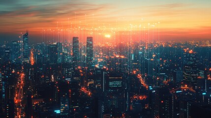 Fototapeta premium An aerial view of a city skyline at sunset, with glowing lines connecting the buildings. This image represents the interconnectedness of modern society and the importance of communication.
