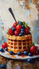 Waffle in an oil painting style, featuring rich colors and textured brushstrokes.