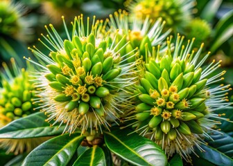 The photograph showcases the intricate details of the Cascabela thevetia plant, highlighting the distinctive spiky flowers and glossy green leaves that cascade downwards naturally.