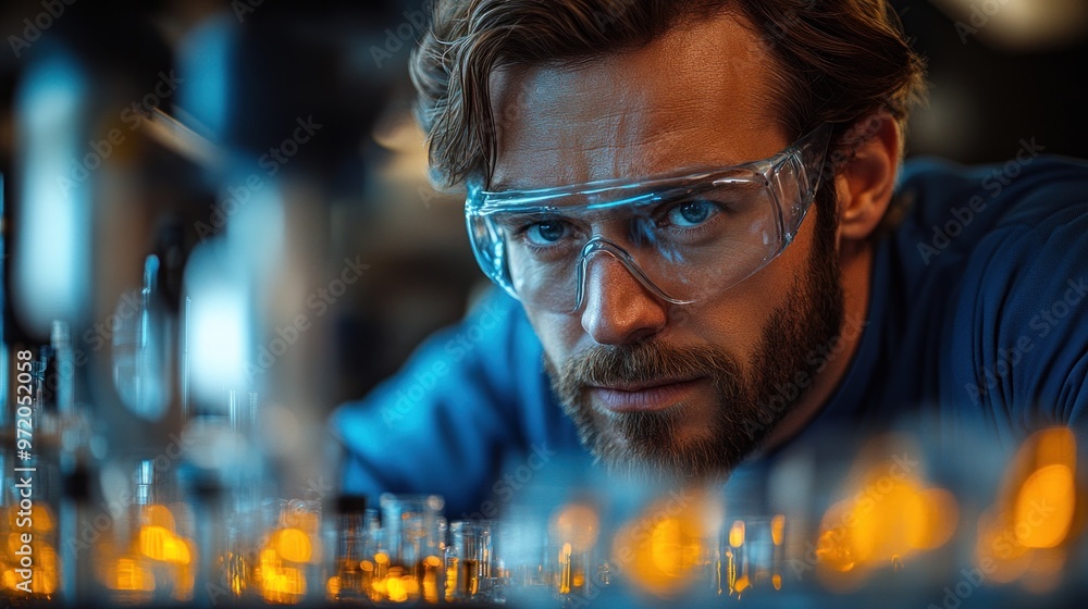 Poster scientist analyzing samples in a laboratory with glassware.