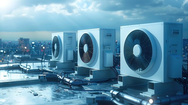 Industrial chillers on the roof of the hi-tech factory, futuristic city view, fresh air. Generative AI.