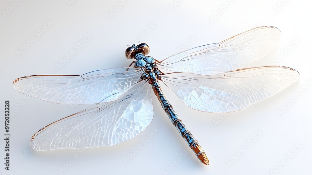 Poster 3. a lifelike 3d render of a translucent dragonfly with intricate wing patterns, isolated on a prist