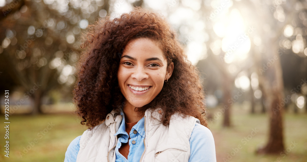 Sticker Portrait, outdoor and woman with smile, nature and carefree with weekend break. volunteer and routine. Brazil, person and girl in park, cheerful and joy with trees, sunshine and holiday with freedom