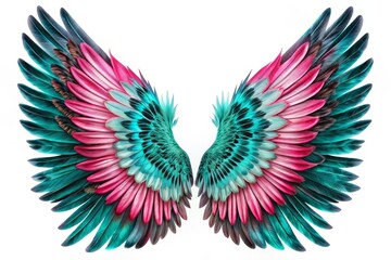 Obraz premium Vibrant turquoise and pink hues envelop delicate feathered wings, outlined with bold black lines, set against a bright white background.