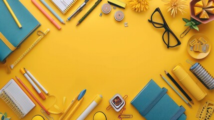 Back to School, An education concept banner with yellow background and school supplies. top view. Generative AI.