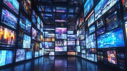 A room surrounded by glowing digital screens displaying abstract patterns and cityscapes.