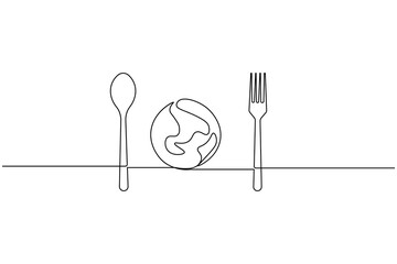 Knife and fork continuous one line drawing and isolated world food day outline vector icon