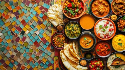 An assortment of Indian dishes served on a colorful mosaic background, including curries, rice, flatbread, and chutneys.