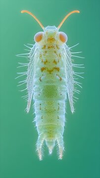 A close-up of an insect set against a soft pastel background, highlighting its delicate features and intricate details. The gentle colors create a calm, visually appealing contrast to the insect&rsquo;s for