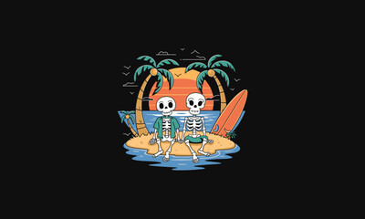two skeletons drinking beer on a tropical beach.