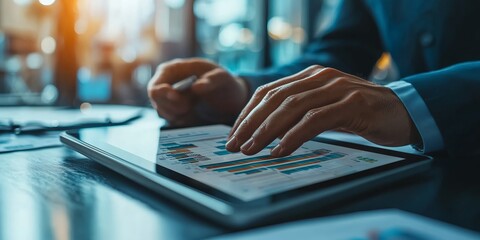 Close-up of hands using a tablet for data analysis in a business meeting, displaying colorful charts and graphs, representing finance and productivity.