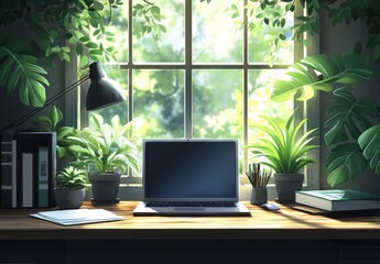 Fototapeta premium Cozy home Office Concept Showcasing Minimalist Style: A work Desk with computer, Documents, green plants and Well-Lit Interior. graphic Resources, Illustration, 