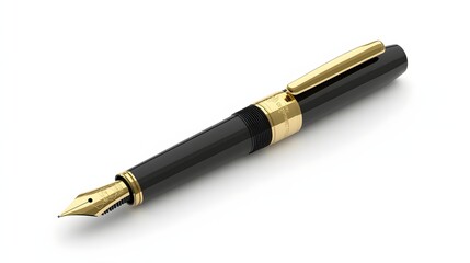 13. A realistic 3D render of a luxury fountain pen with gold accents, isolated on a pristine white background