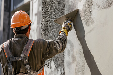 Rear view of a plasterer plastering a cement wall.