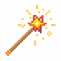 Obraz premium Pixel Art Magic Wand with Sparkles for Fantasy and 8 Bit Game Design