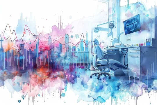 watercolor style, Dentist in a clinic with investment graphs in the background, dentist care, financial growth art