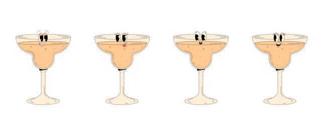 Set retro groovy characters summer cocktail. Funky alcohol beverage daiquiri with different emotions. Vintage vector illustration 70s, 80s style  on transparent background