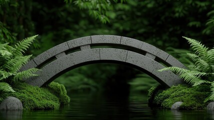 Stone bridge arching over a small stream in a Zen garden, with ferns and moss growing along the waters edge