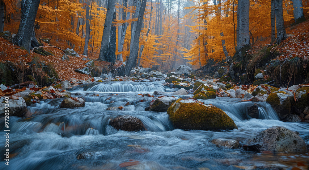 Poster a stream flowing through the forest, with rocks and moss in its bed. blue hour lighting, autumn colo