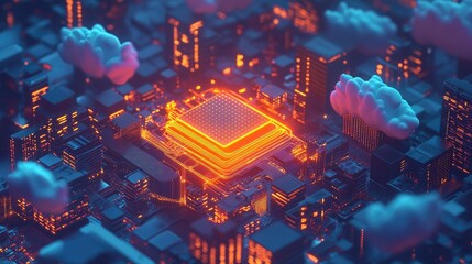 Obraz premium A glowing orange processor chip surrounded by a futuristic city skyline and clouds, symbolizing the power and connectivity of modern technology.