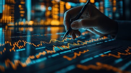 Close-up of a hand analyzing stock market data on a digital screen, highlighting trends and graphs in a financial setting.