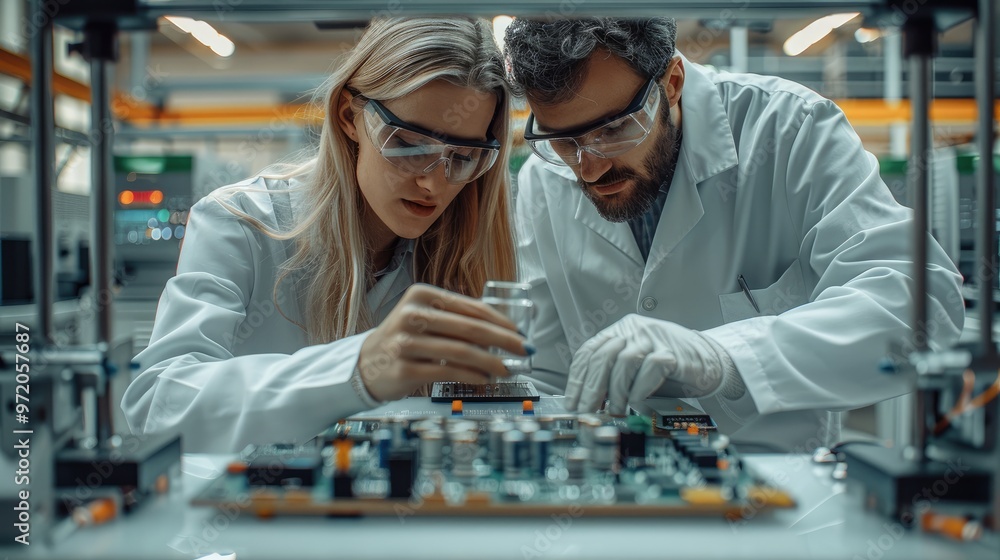 Poster engineers wearing lab coats and safety glasses, discussing a prototype circuit board on a large tabl