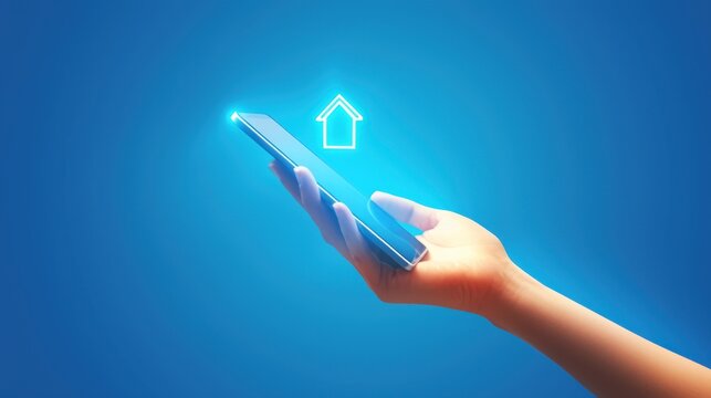 Hand holding smartphone with house icon on blue background, real estate app concept. Home technology and home security technology for digital property management services