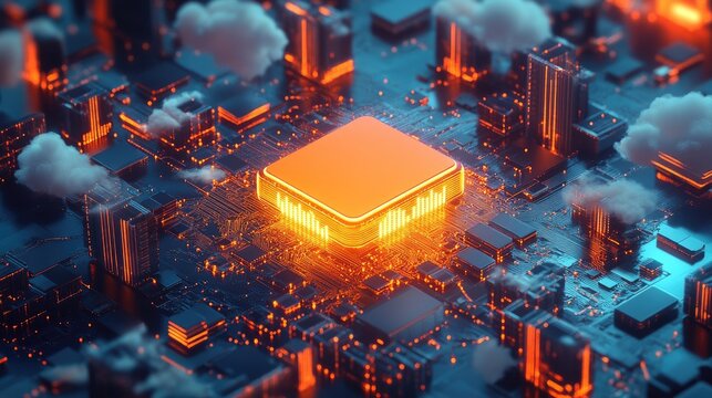 A glowing orange processor chip sits at the center of a circuit board with a futuristic cityscape in the background.