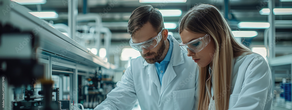 Poster engineers wearing lab coats and safety glasses, discussing a prototype circuit board on a large tabl