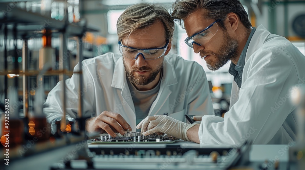 Poster engineers wearing lab coats and safety glasses, discussing a prototype circuit board on a large tabl