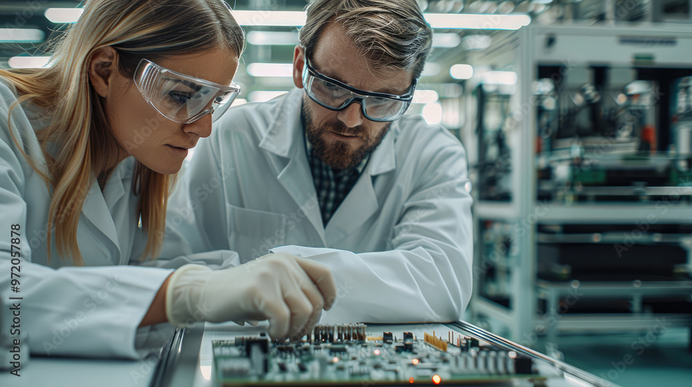 Poster engineers wearing lab coats and safety glasses, discussing a prototype circuit board on a large tabl