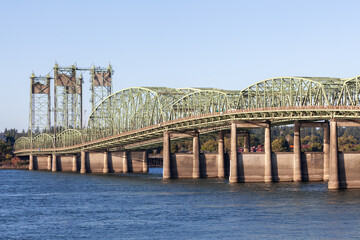 I-5 bridge connecting Portland, Oregon to Vancouver Washington, above Columbia River, is one of the...