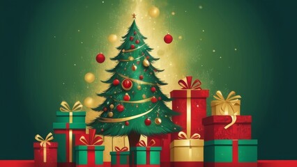 Fototapeta premium Elegant Christmas tree with gifts on matte background for stylish holiday cards