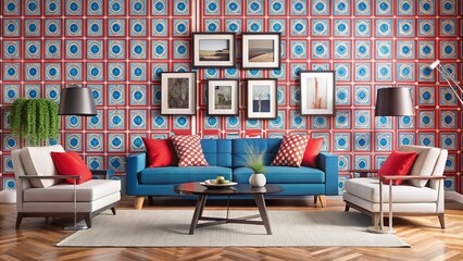 Vibrant red and blue geometric patterned wallpaper, bold black and white photographs of consumer products, and metallic accents adorn a modern living room