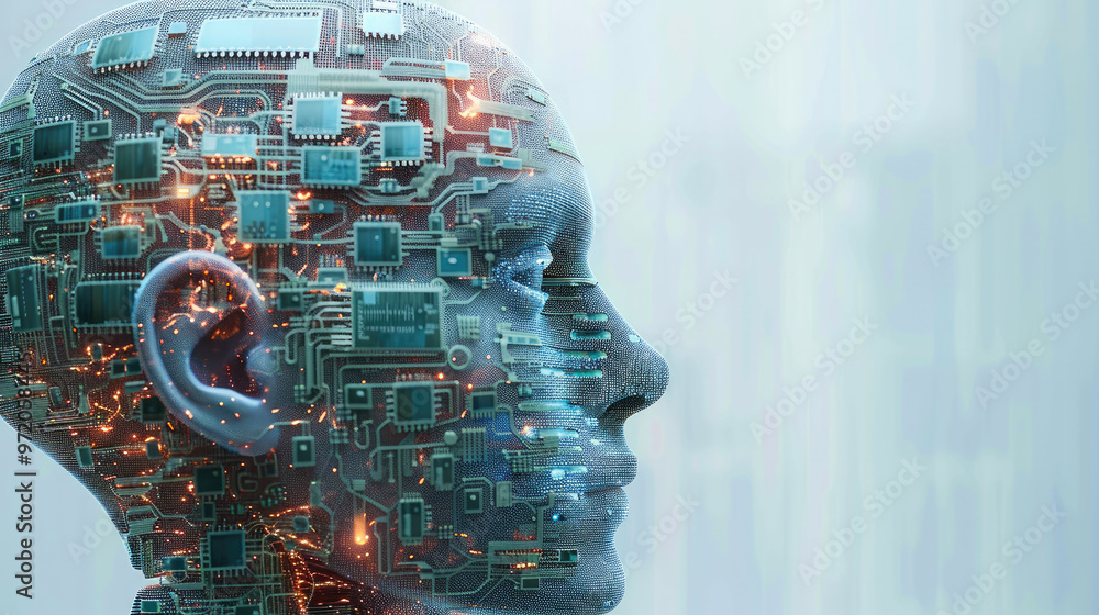 Poster a human head with microchips interwoven into the brain, futuristic design, illustrating the merging 